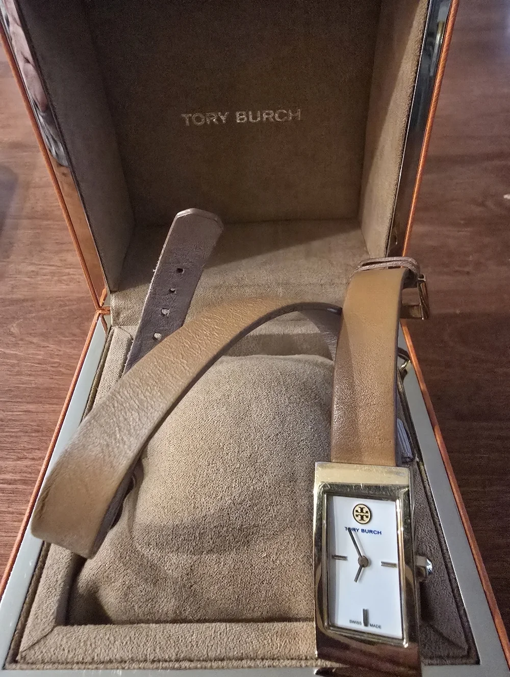 Tory Burch TRB2007 Gold Rectangle Watch Tan Wrap Around Leather Strap